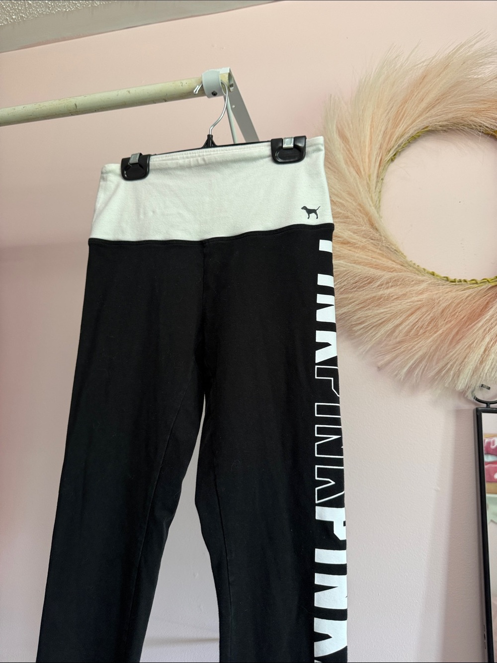 PINK YOGA Victoria's Secret Black Leggings with White Waistband and Side Logo